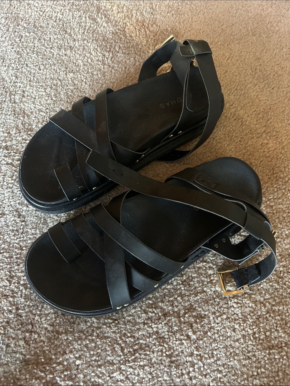 ALOHAS Black Leather Strappy Ankle Buckle Sandals
